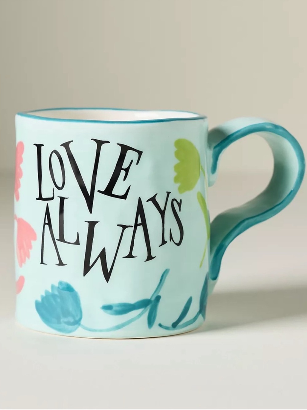 Anthropologie Mint Floral Love Always Stoneware Handpainted Mug